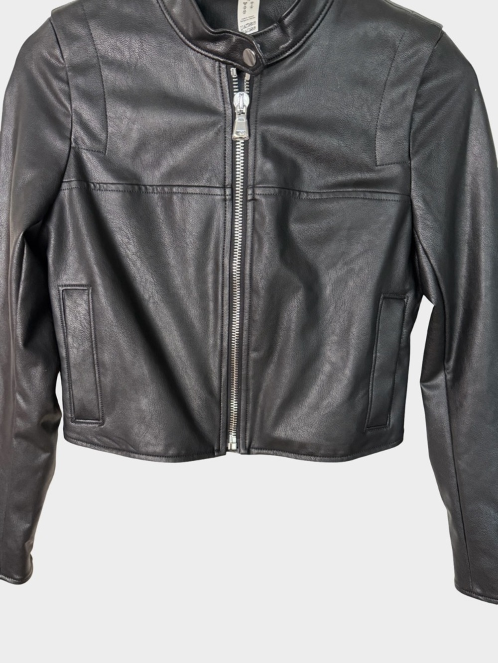 SPANX Black Leather Like Moto Jacket Cropped Zip XS Biker Rocker Edgy - Picture 4 of 13